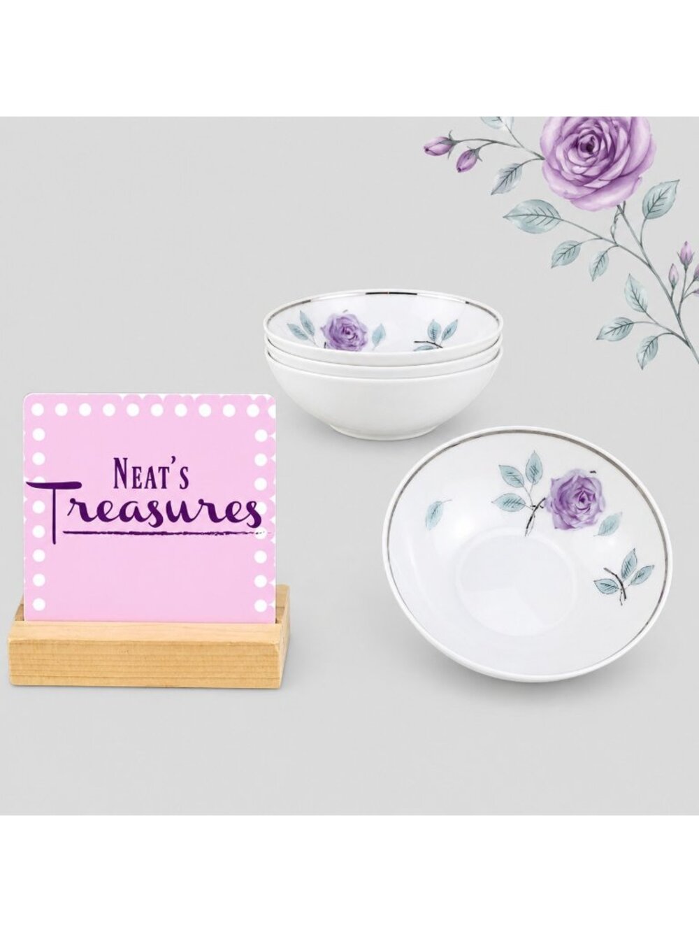 Johann Haviland JOH65 Purple Rose Platinum Trim Fruit Sauce Bowl Germany Set 4
